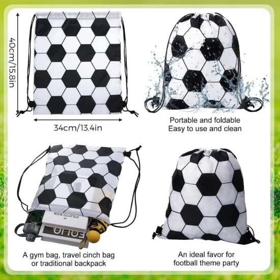 Black and white soccer print drawstring backpack made of polyester for sports storage