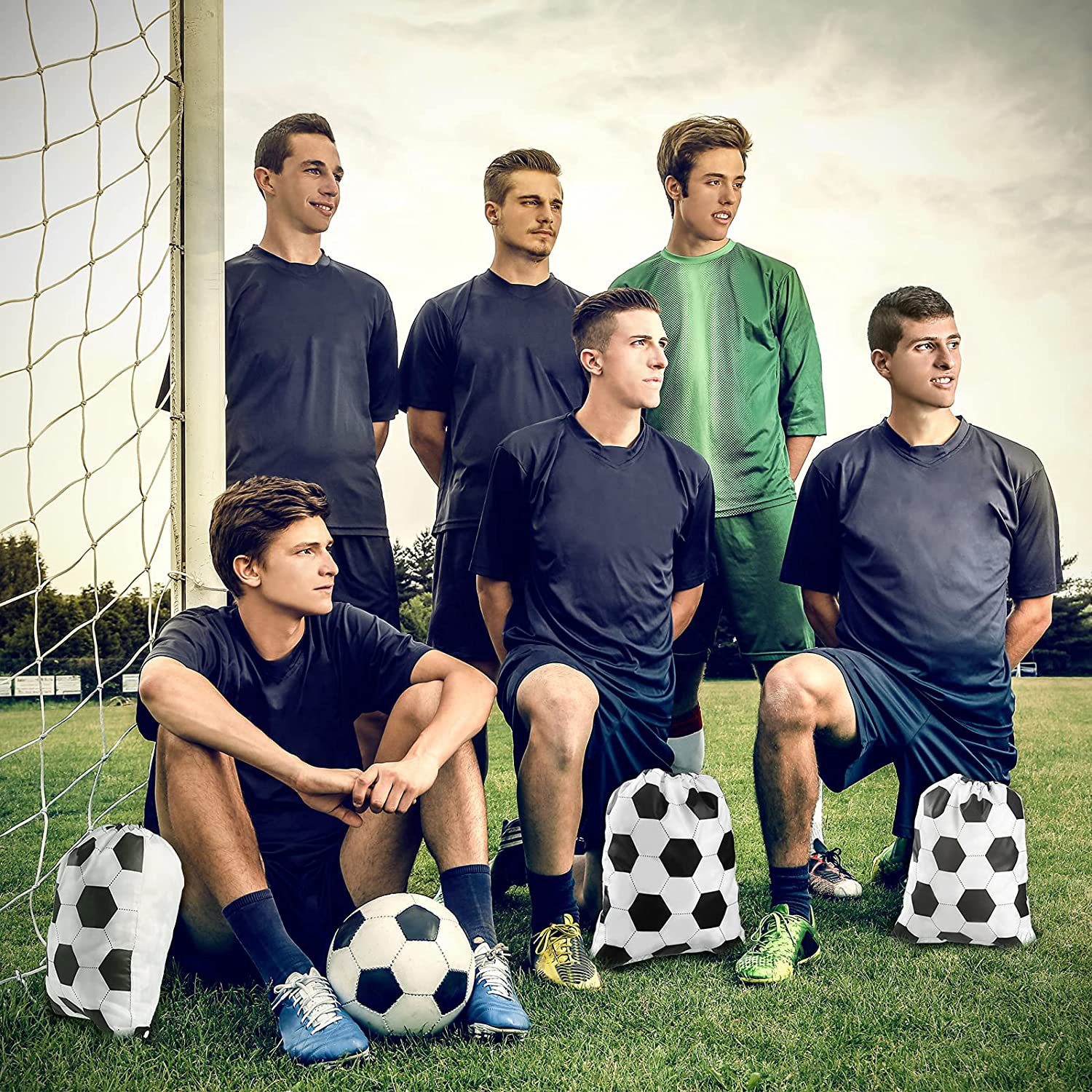 Black and white soccer print drawstring backpack made of polyester for sports storage