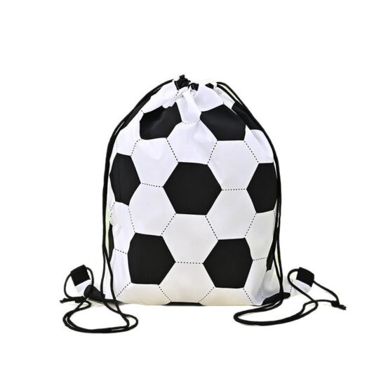 Black and white soccer print drawstring backpack made of polyester for sports storage