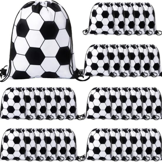 Black and white soccer print drawstring backpack made of polyester for sports storage