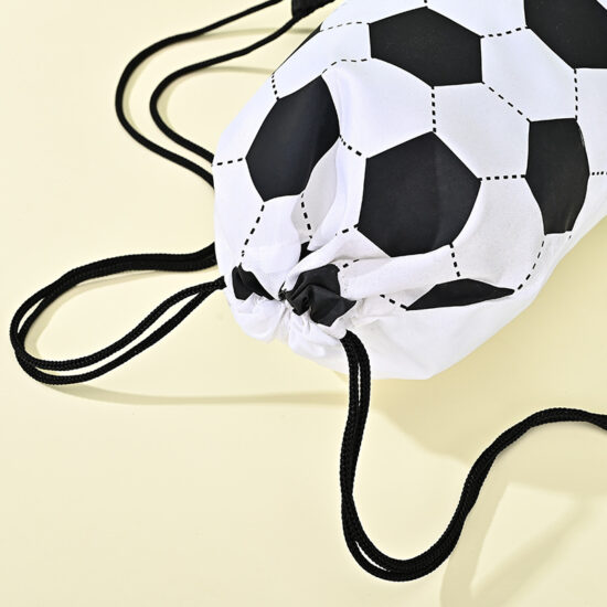 Black and white soccer print drawstring backpack made of polyester for sports storage