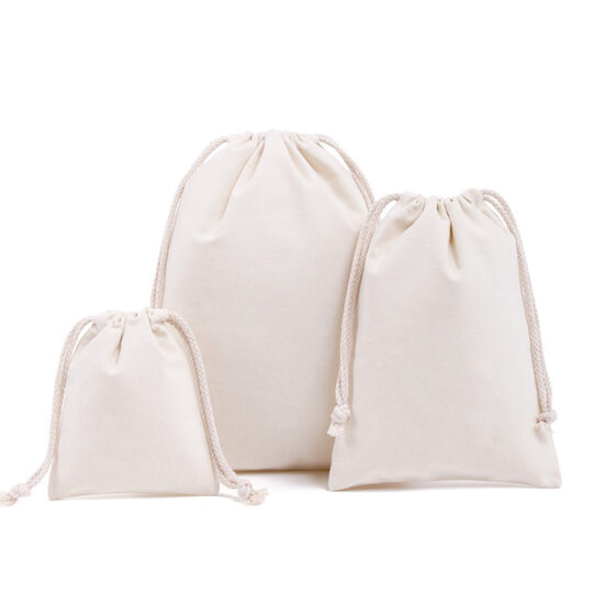 Blank white cotton drawstring pouch for eco-friendly packaging