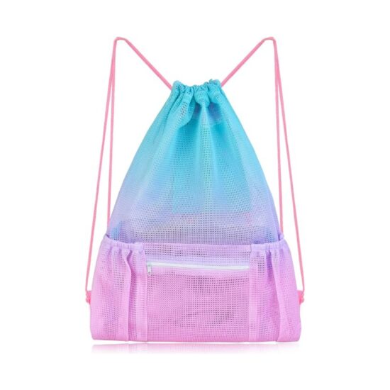  Mesh drawstring backpack with zipper pocket for beach, swim, and gym use