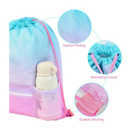  Mesh drawstring backpack with zipper pocket for beach, swim, and gym use