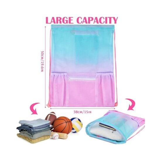  Mesh drawstring backpack with zipper pocket for beach, swim, and gym use