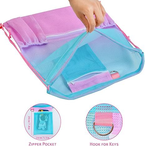  Mesh drawstring backpack with zipper pocket for beach, swim, and gym use