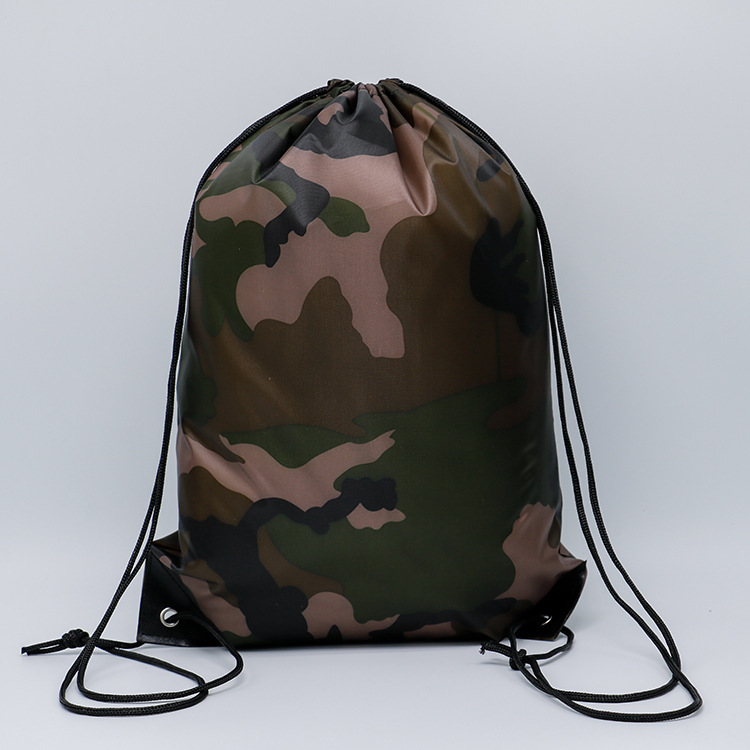 Camouflage polyester drawstring backpack with custom logo option for sports and events