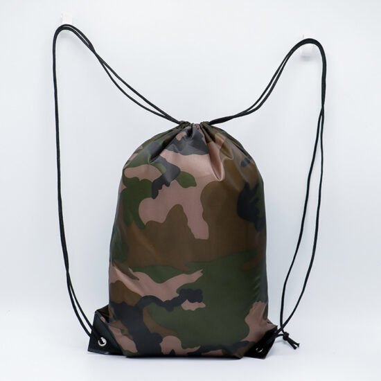 Camouflage polyester drawstring backpack with custom logo option for sports and events

