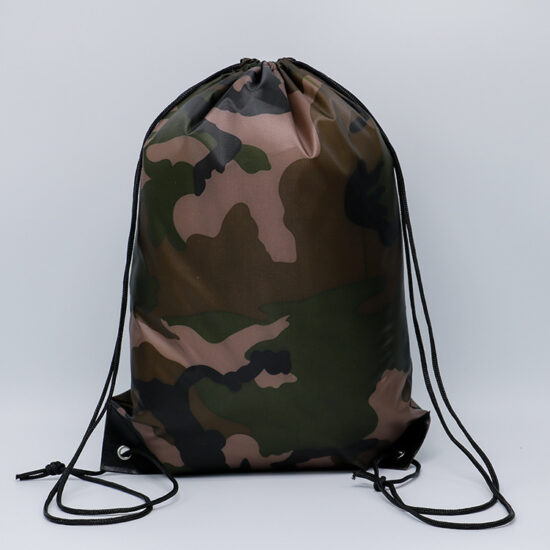 Camouflage polyester drawstring backpack with custom logo option for sports and events

