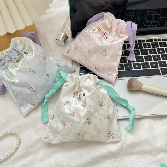 Cartoon bear drawstring pouch for travel storage, makeup, and coin organization