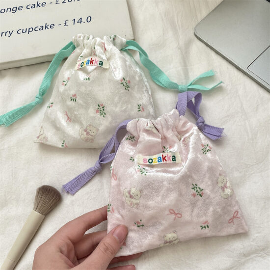 Cartoon bear drawstring pouch for travel storage, makeup, and coin organization