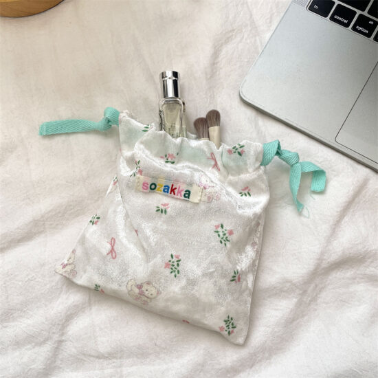 Cartoon bear drawstring pouch for travel storage, makeup, and coin organization