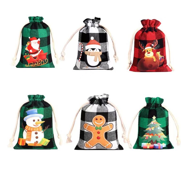 Christmas Plaid Cotton Drawstring Gift Bag for Candy & Packaging
