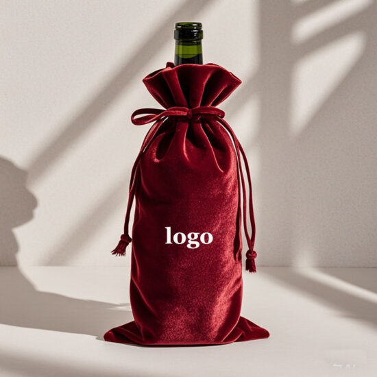Christmas velvet drawstring wine bag with printed logo for tumbler gift