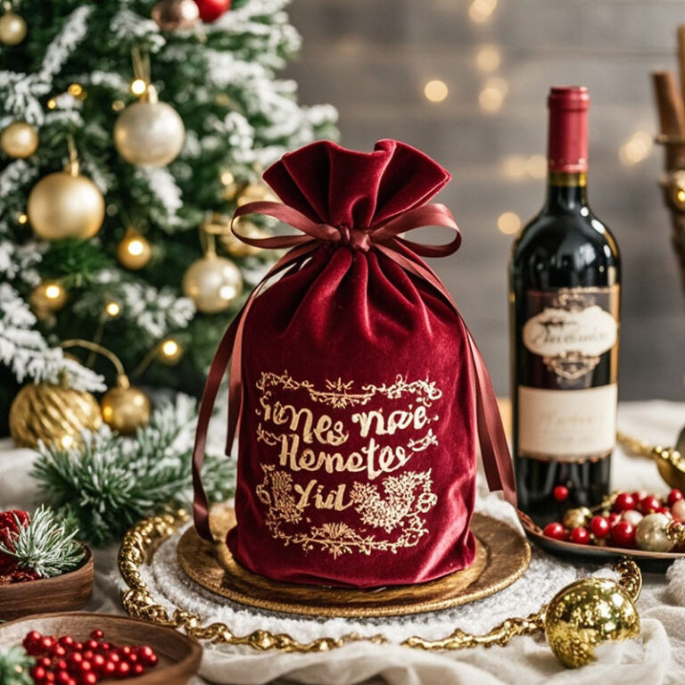 Christmas velvet drawstring wine bag with printed logo for tumbler gift