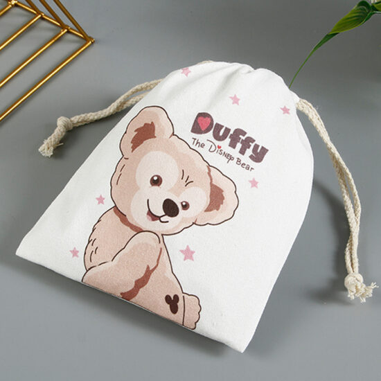 Thick canvas drawstring pouch with cartoon bear design