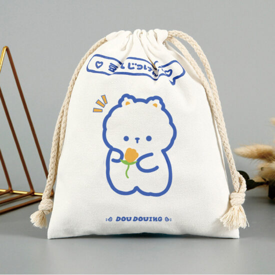 Thick canvas drawstring pouch with cartoon bear design