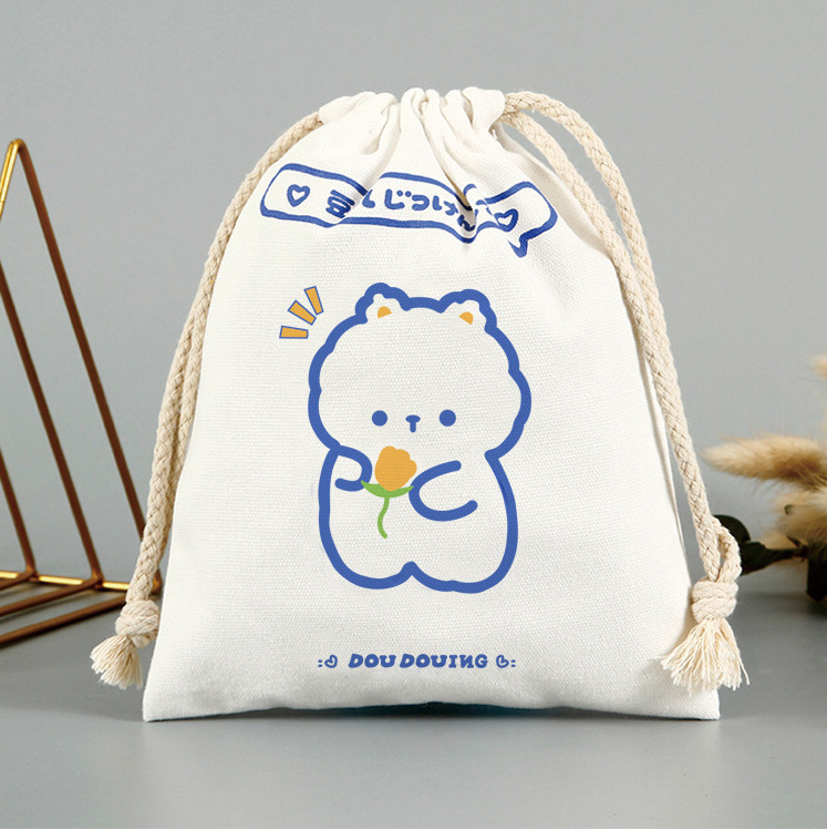 Thick canvas drawstring pouch with cartoon bear design