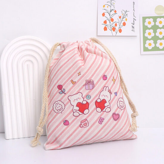Thick canvas drawstring pouch with cartoon bear design