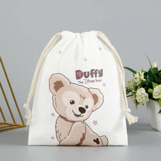 Thick canvas drawstring pouch with cartoon bear design