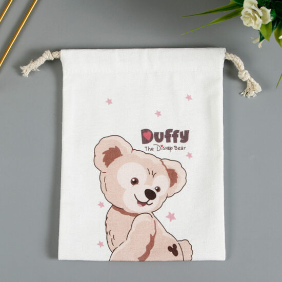 Thick canvas drawstring pouch with cartoon bear design
