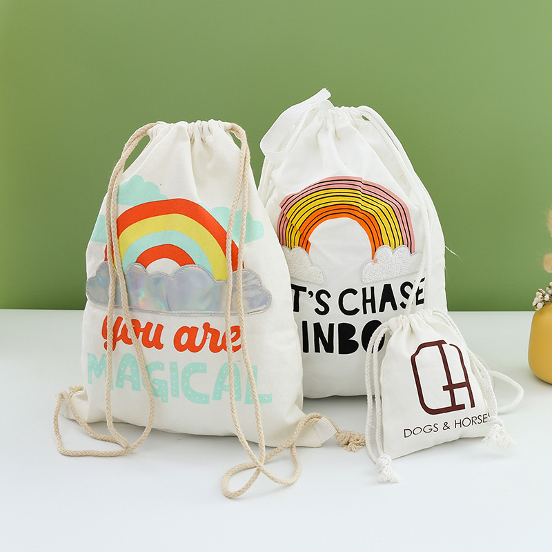 Cotton polyester blend drawstring bag with cute cartoon print