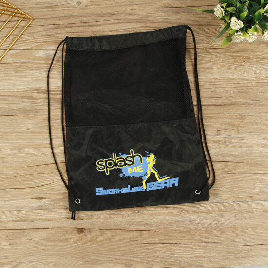 Custom polyester and sandwich mesh drawstring backpack with logo

