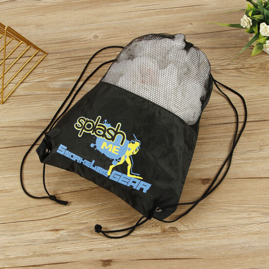 Custom polyester and sandwich mesh drawstring backpack with logo

