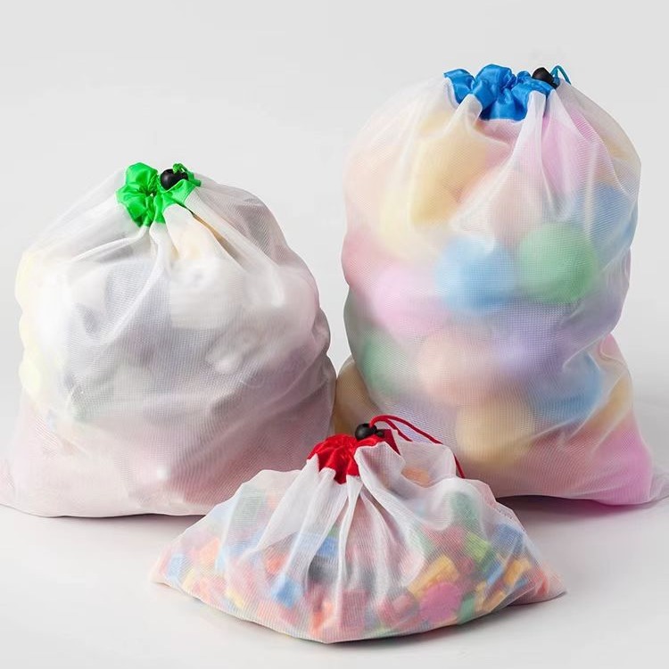 Nylon mesh drawstring storage bag for towels, beach items, and toys