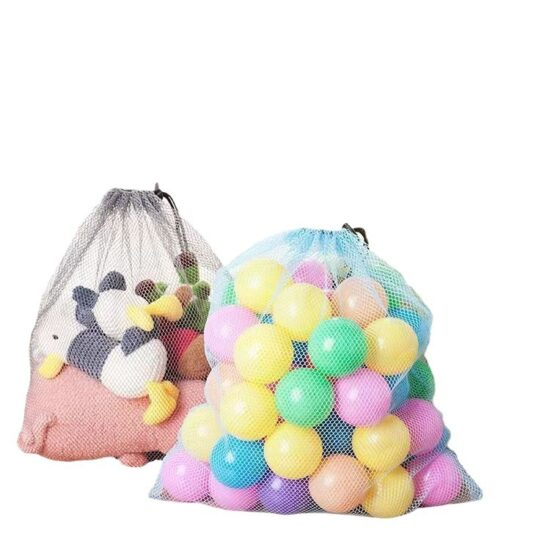 Nylon mesh drawstring storage bag for towels, beach items, and toys