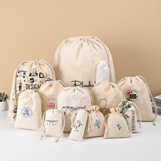 Custom Thick Canvas Bear Drawstring Pouch – Cotton Gift Bag for Phone