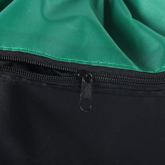 Dual zipper polyester drawstring bag with earphone hole and mesh pockets
