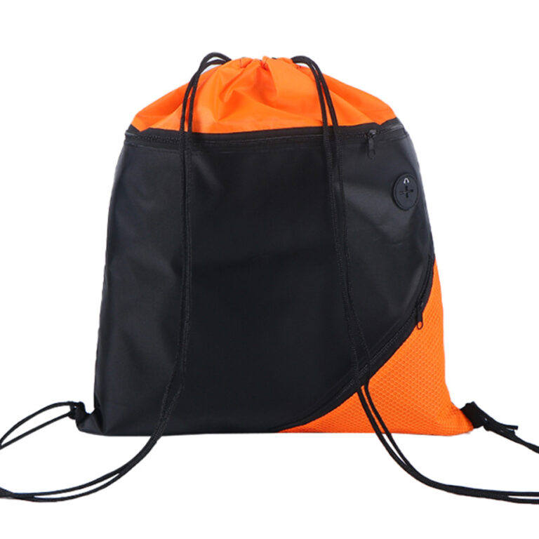 Dual zipper polyester drawstring bag with earphone hole and mesh pockets