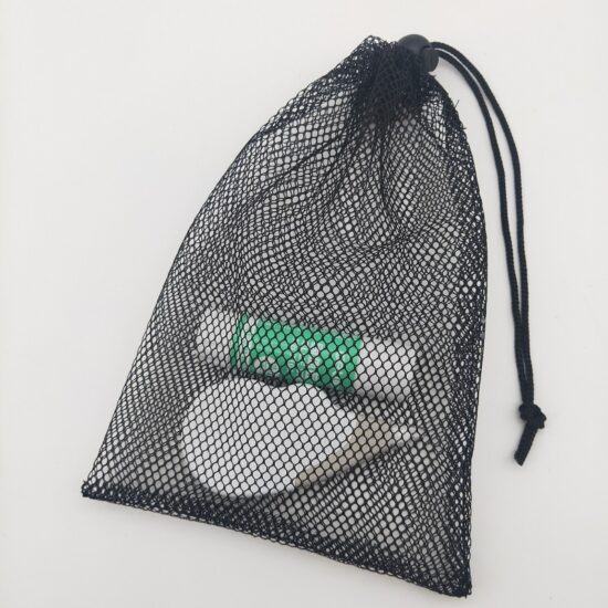 Black polyester mesh drawstring bag for sports and travel