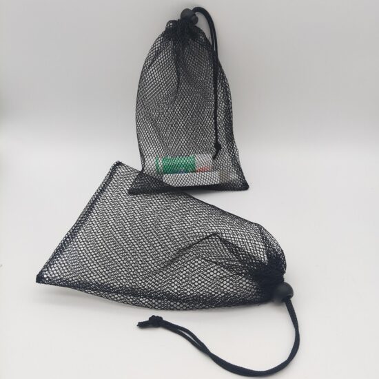 Black polyester mesh drawstring bag for sports and travel
