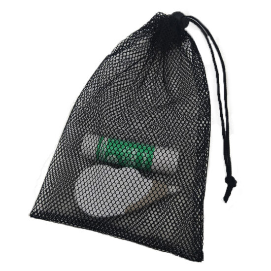 Black polyester mesh drawstring bag for sports and travel