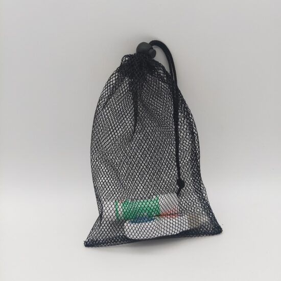 Black polyester mesh drawstring bag for sports and travel