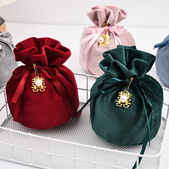  Velvet wedding candy pouch with pearl and Chinese double happiness character