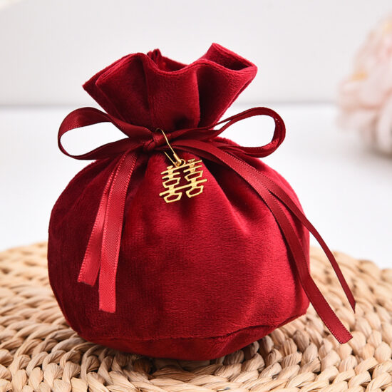  Velvet wedding candy pouch with pearl and Chinese double happiness character