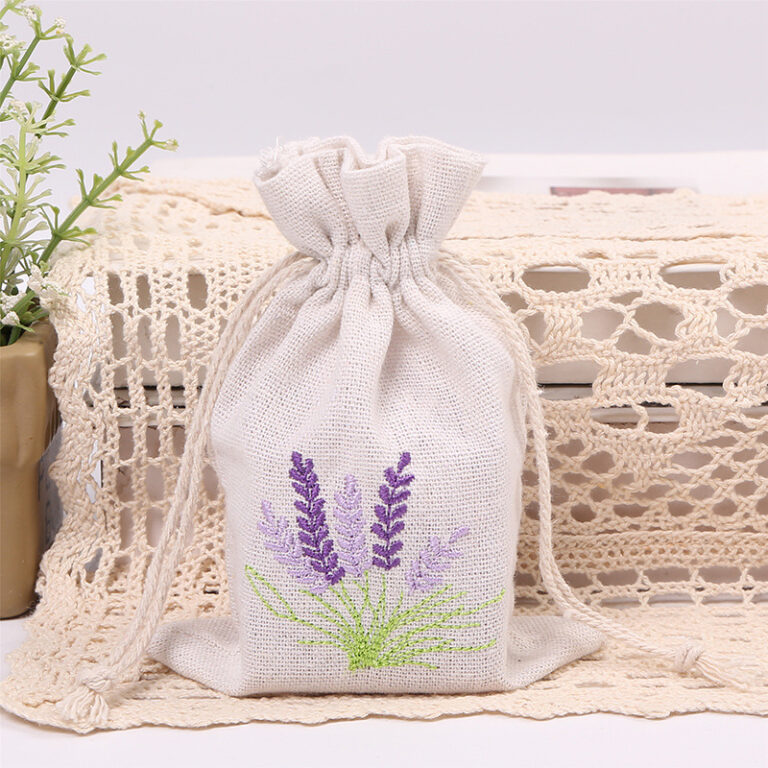 Lavender Embroidered Linen-Style Canvas Drawstring Bag for Jewelry