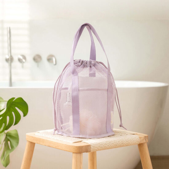 Foldable mesh tote bag with drawstring for travel and swimming