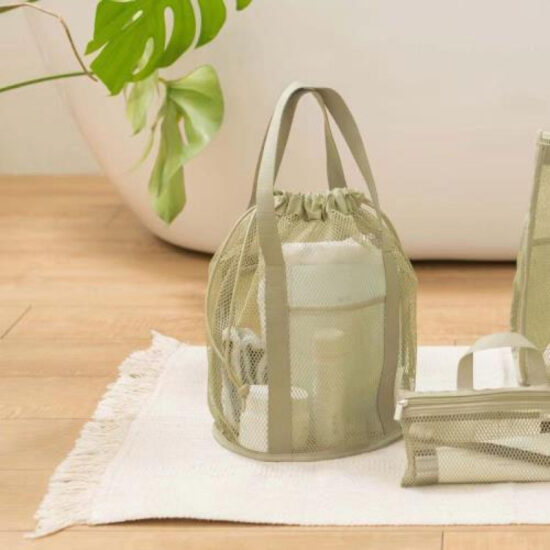 Foldable mesh tote bag with drawstring for travel and swimming