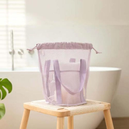 Foldable mesh tote bag with drawstring for travel and swimming

