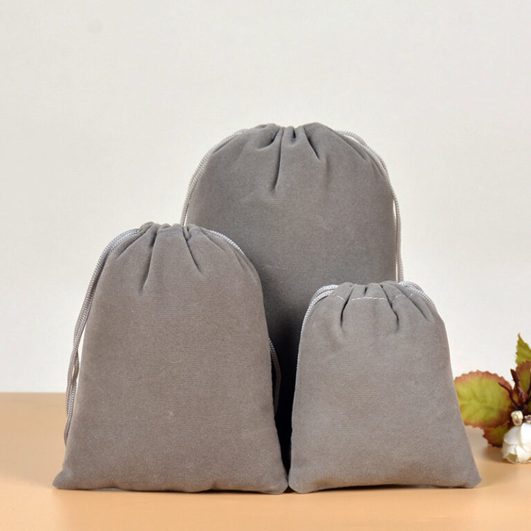 Gray velvet drawstring pouch for jewelry and electronics