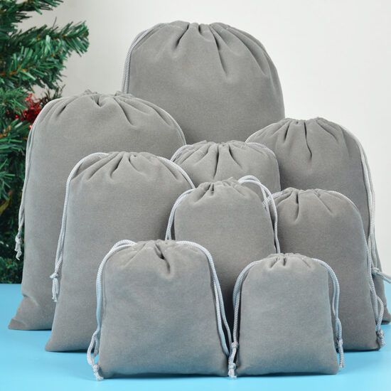 Gray velvet drawstring pouch for jewelry and electronics