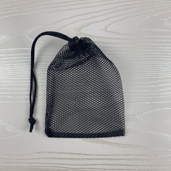Black hexagonal mesh drawstring pouch for swim goggles
