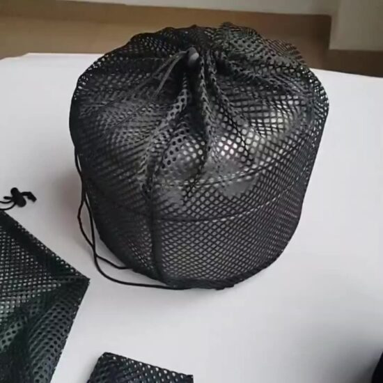 Black drawstring mesh bag with round bottom for outdoor storage