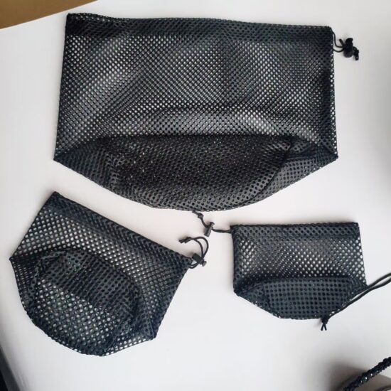 Black drawstring mesh bag with round bottom for outdoor storage