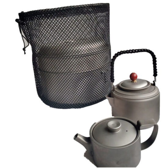 Black drawstring mesh bag with round bottom for outdoor storage