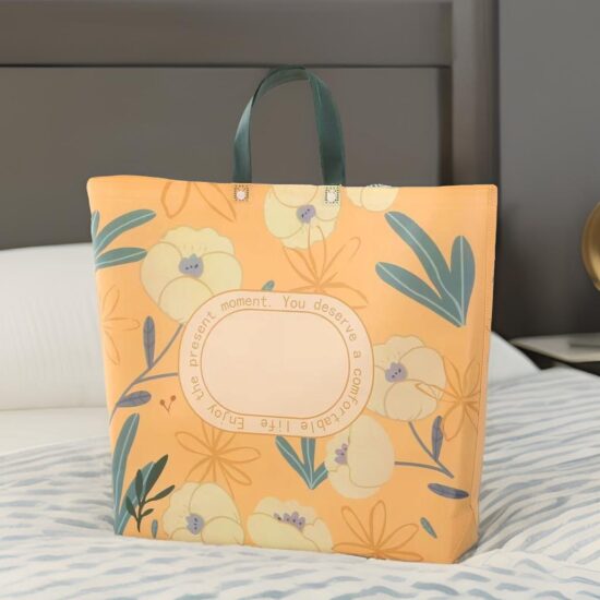 Laminated non-woven storage bag with snap button for quilts and blankets
